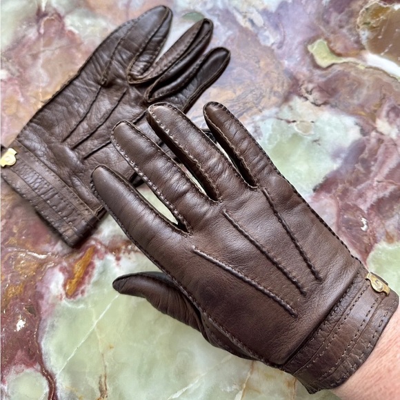 RARE VINTAGE 1970s GUCCI ITALY LADIES DARK BROWN LEATHER GLOVES GOLD LOGO EUC - Picture 7 of 8